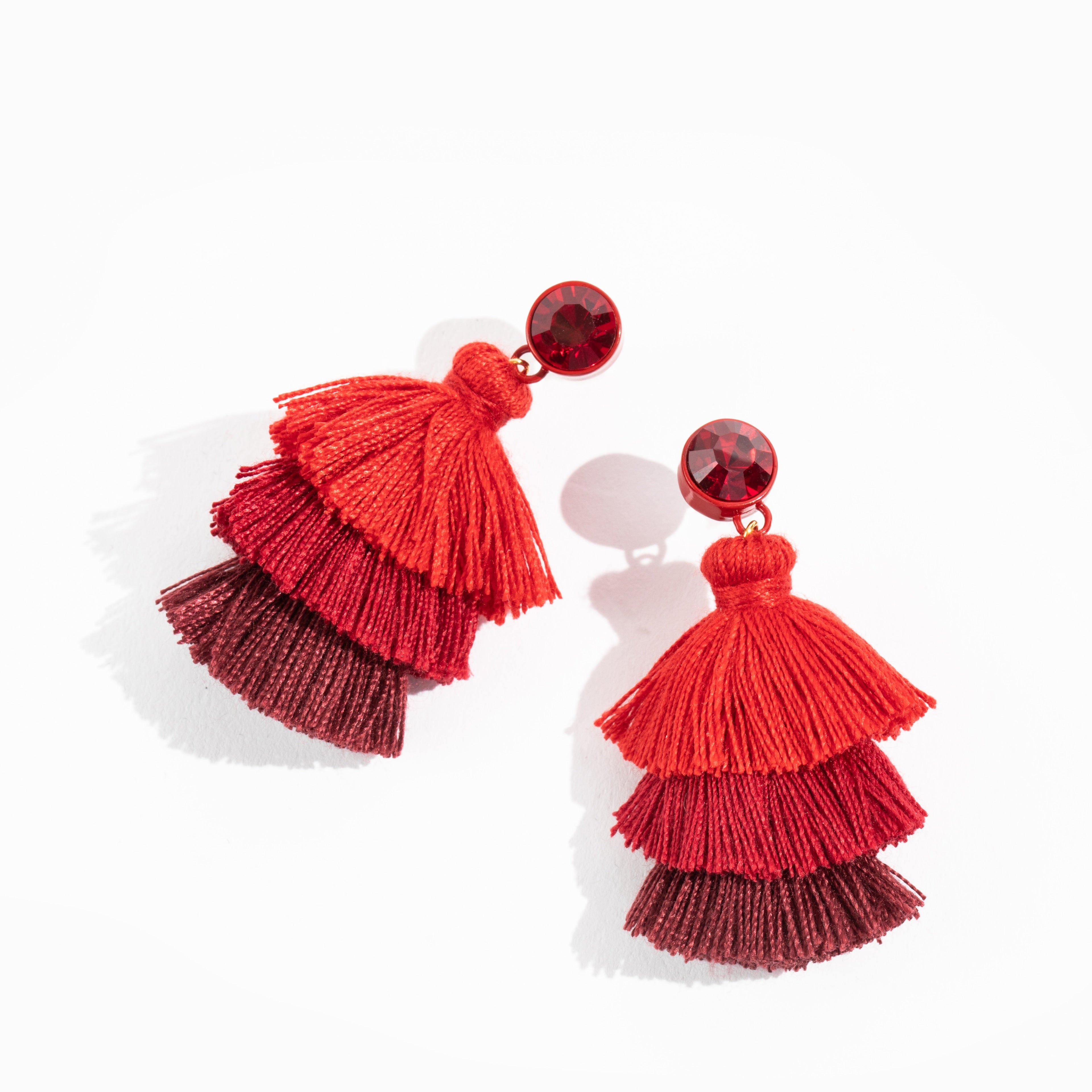 Pom Pom Soirée Tassels Earrings - Ruby
