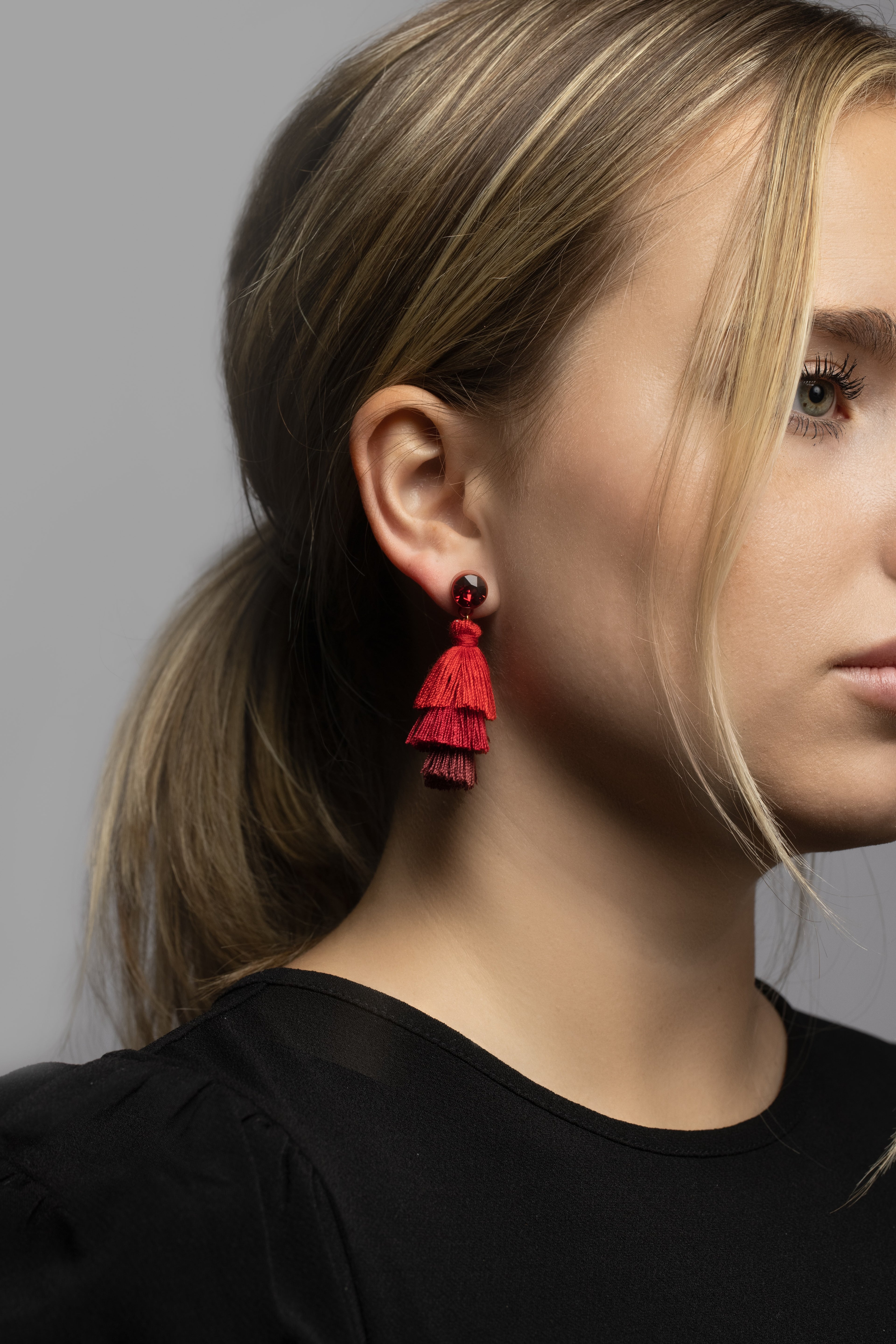 Pom Pom Soirée Tassels Earrings - Ruby